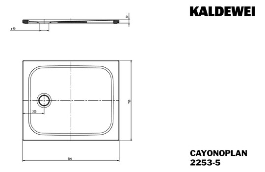 Kaldewei Duschwanne CAYONOPLAN 2253-5 75x90x1,8cm, mit Träger, ohne Effekt/Antislip, schwarz