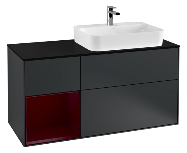 V&B Waschtisch-Unterschrank Finion 120cm, Abdeckplatte black matt, Regal links Peony, Midnight Blue Matt Lacquer