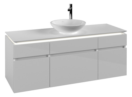 V&B Waschtischunterschrank Legato 140x55x50cm, Waschtisch mittig, mit Beleuchtung, Glossy White