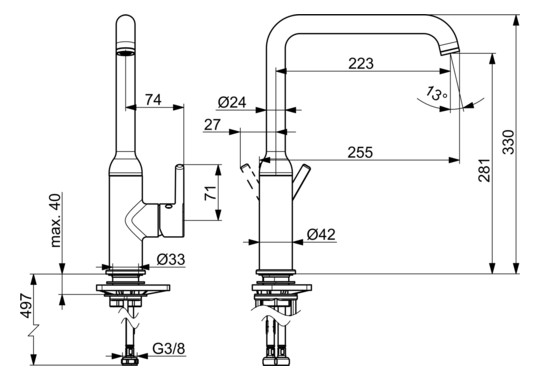 HANSA Spültisch-Einhebelmischer HANSAVANTIS Style seitenbedient, Ausladung 223mm, Stahl gebürstet
