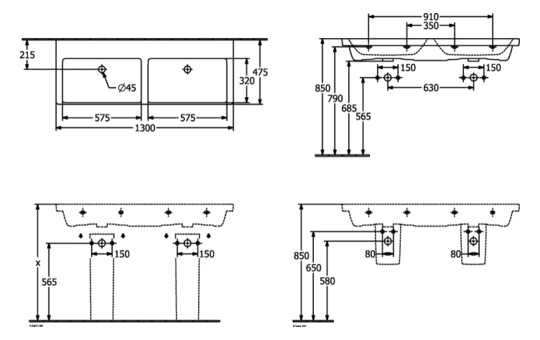 V&B Schrank-Doppelwaschtisch Subway 3.0 130x47cm, eckig, ohne Hahnloch/ohne Überlauf, stone white C-plus
