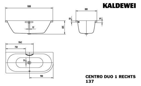 Kaldewei Badewanne CENTRO DUO 1 rechts 137 180x80cm, Griffloch, Vollantislip, pergamon