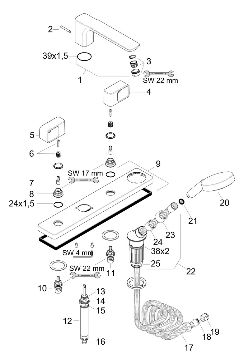 hansgrohe Fertigmontageset Axor Urquiola 4-Loch-Wannenrandarmatur, Ausladung 198mm, chrom