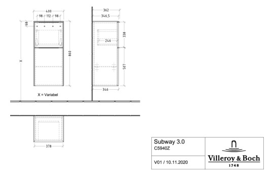 V&B Seitenschrank Subway 3.0 40x86x36,2cm, Schanier links/Griff Volcano black, brilliant white