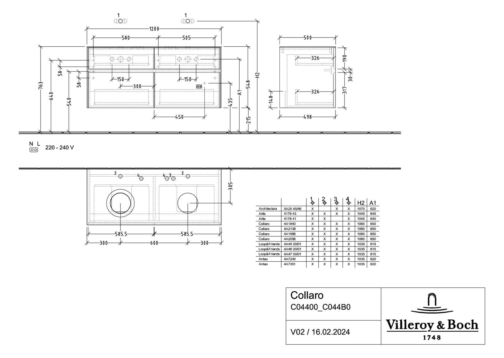 V&B Waschtischunterschrank Collaro 120x54,8x50cm, für 2 Waschtische, stone oak