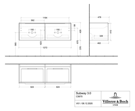 V&B Waschtisch-Unterschrank Subway 3.0 127,2x42,9x47,8cm, ohne LED/Griff Volcano black, graphite
