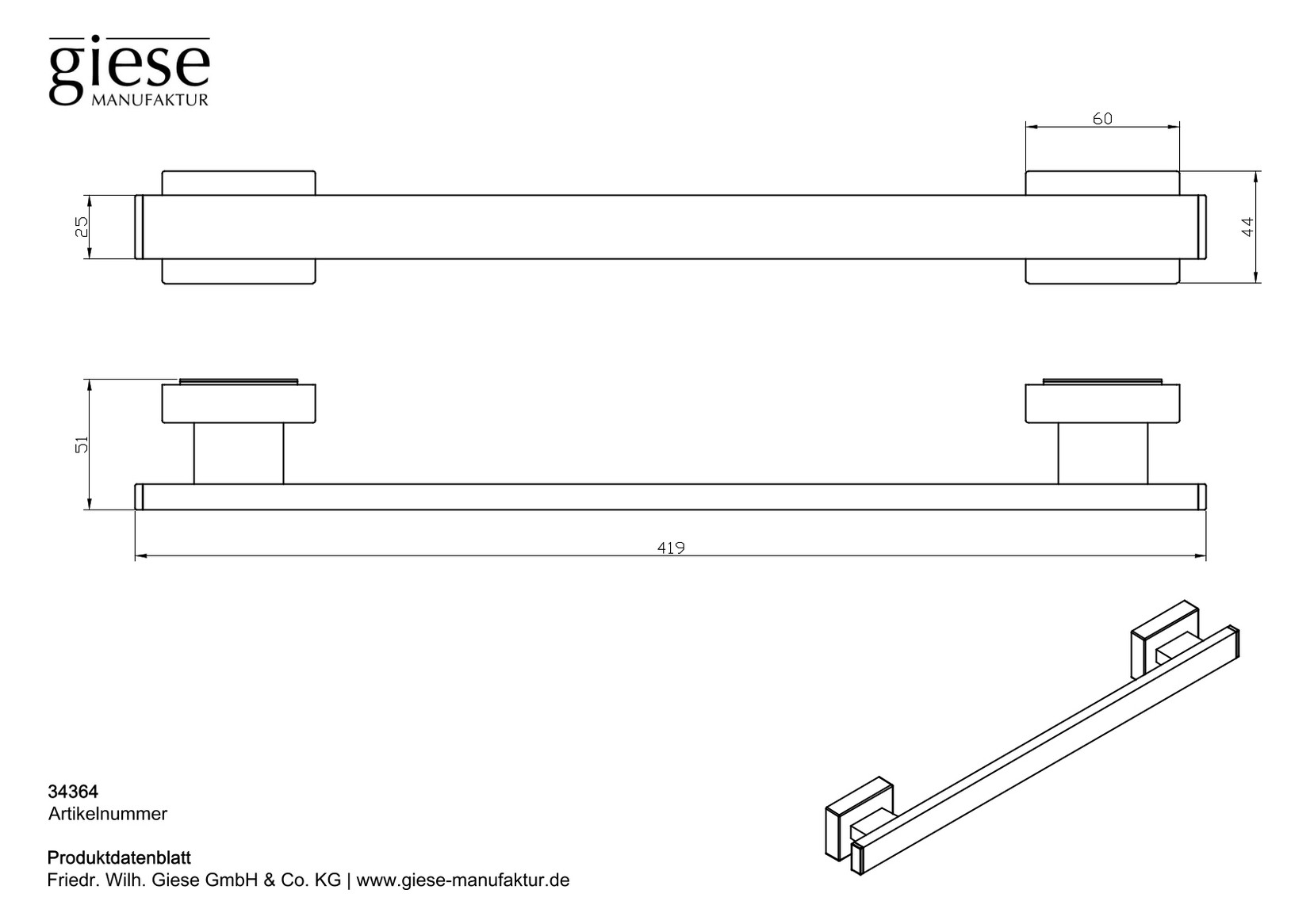 Giese Handtuchhalter mit Magnet, für Heizkörper, 419x51x25mm, schwarz matt