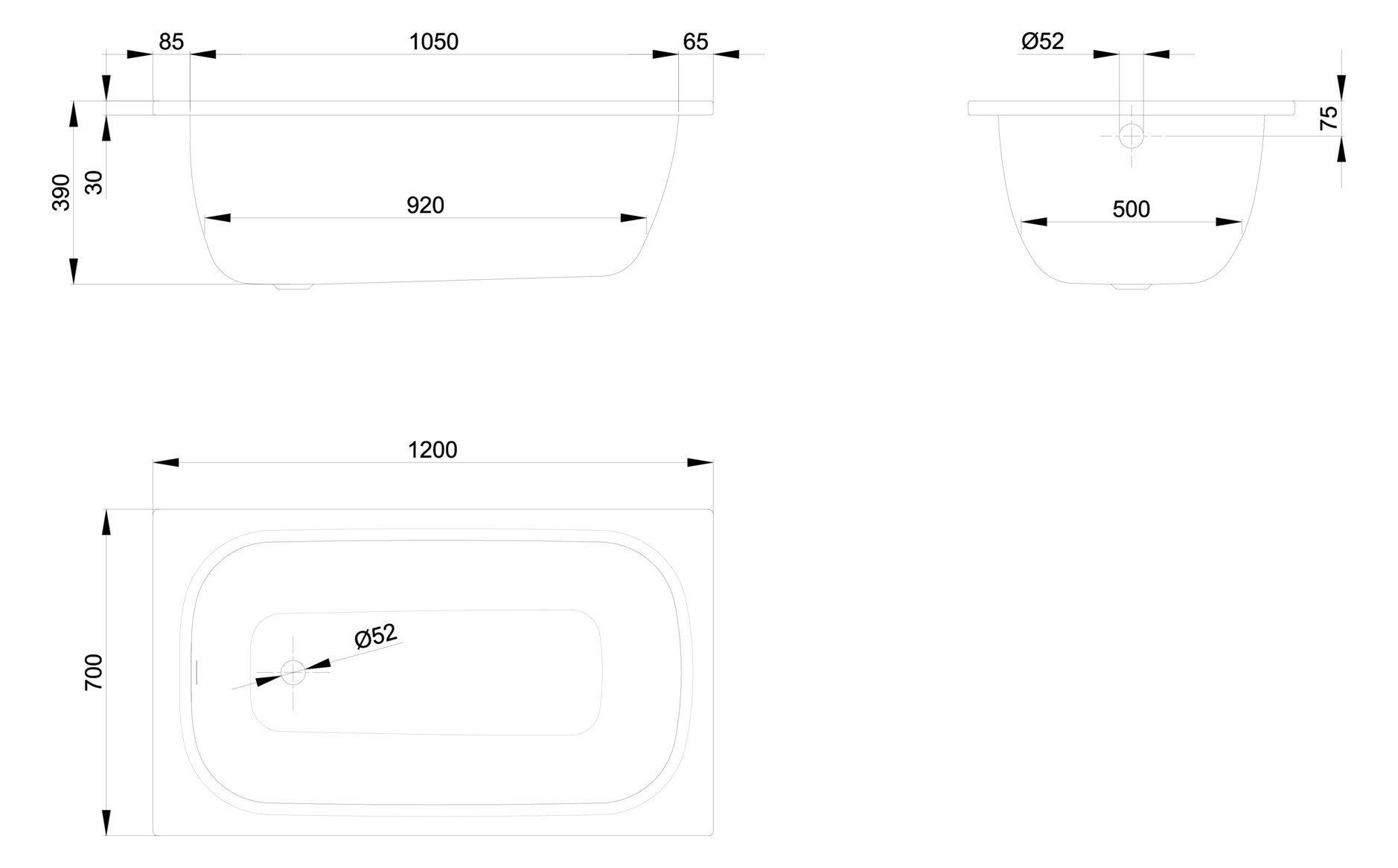 Badewanne LaBette 1200 120x70x39cm, pergamon