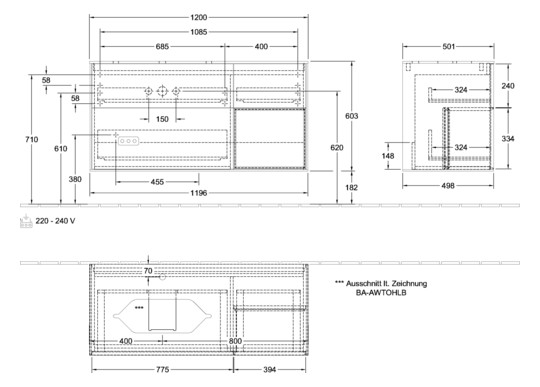 V&B Waschtisch-Unterschrank Finion 120cm, Abdeckplatte white matt, Regal rechts Glossy white lacquer, Black matt lacquer