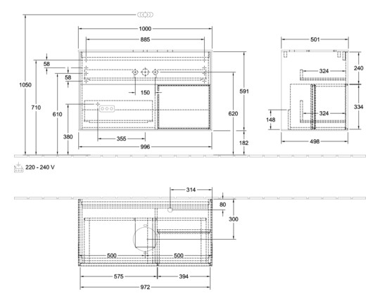V&B Waschtisch-Unterschrank Finion 100cm, Abdeckplatte white matt, Regal Walnut Veneer, Oak Veneer