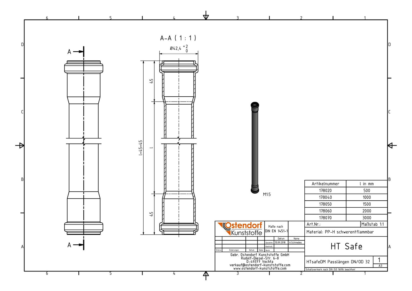 Ostendorf HTsafe Rohr DM DN/OD 32, 1500 mm, mit 2 Muffen