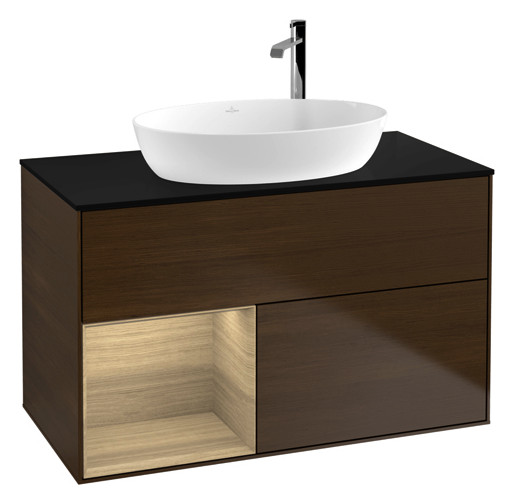 V&B Waschtisch-Unterschrank Wandbeleuchtung Finion 100cm, Abdeckplatte black matt, Regal Oak Veneer, Walnut veneer