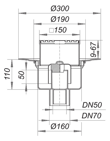 Dallmer Bodenablauf 61 HT/KE Serie 15 DN 50/70, 150x150mm