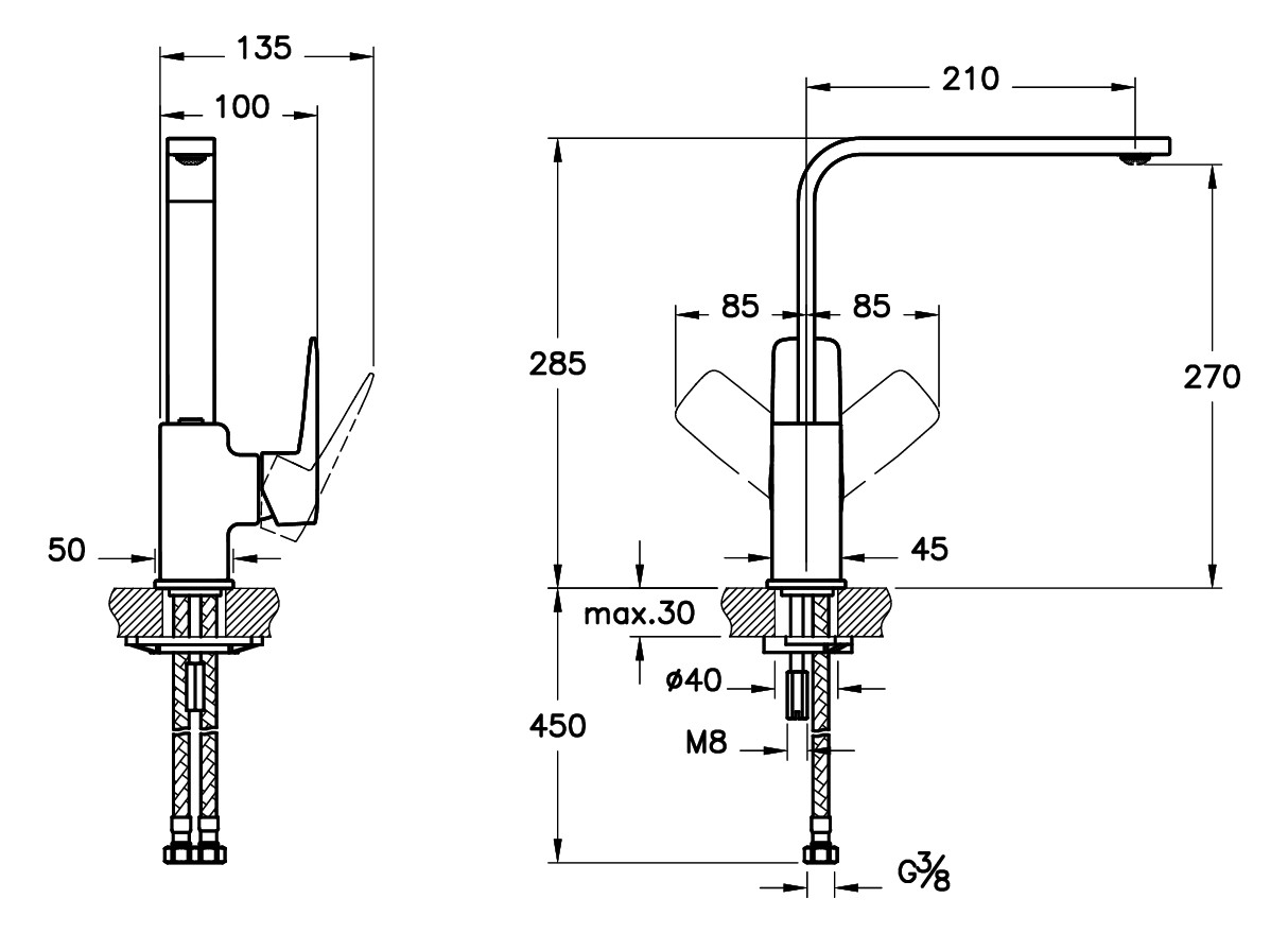 VitrA Bad Spültisch-Einhebelmischer Root Square Ausladung 210mm, Einlochmontage, ohne Ablaufgarnitur G 3/8, Kupfer