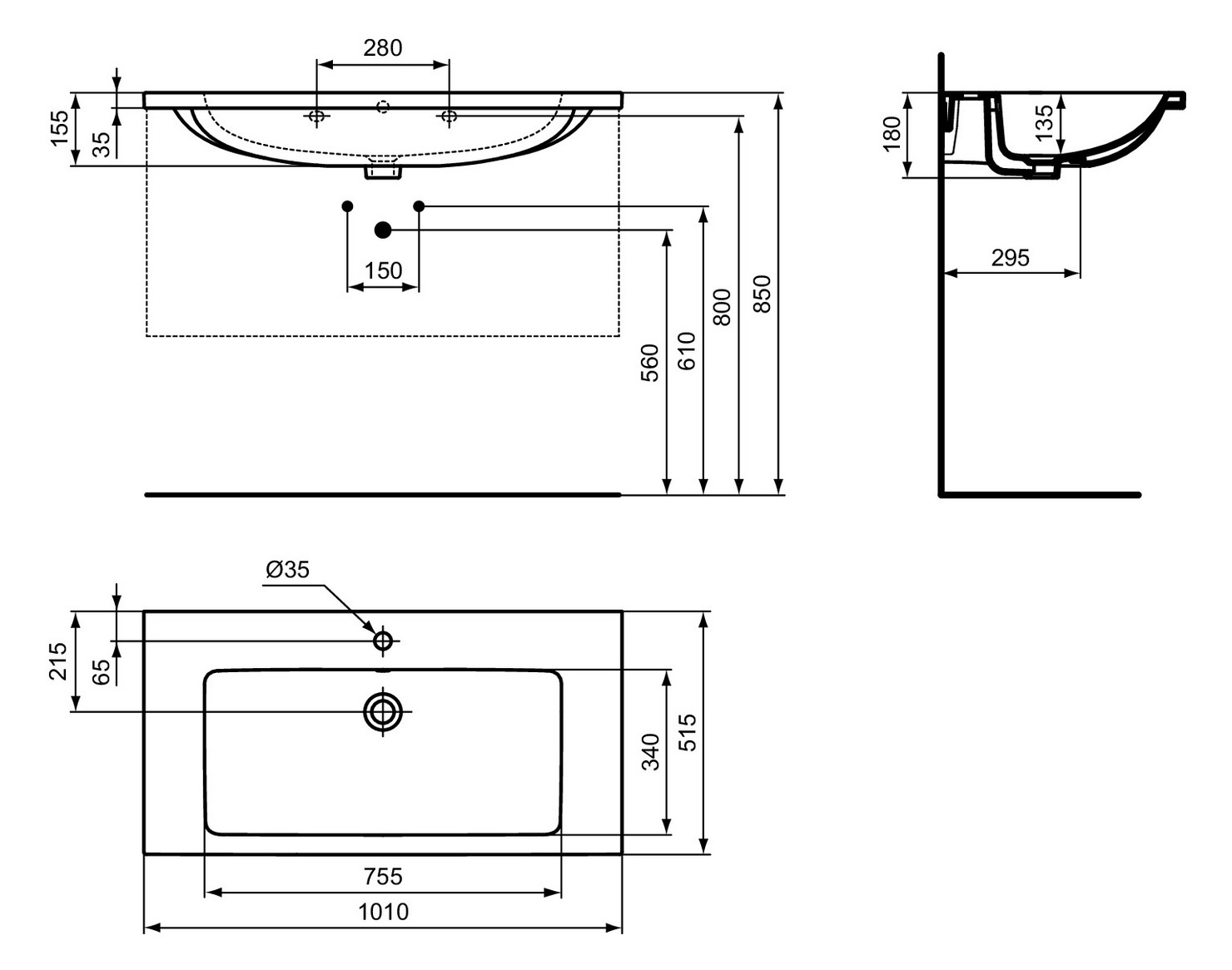 Ideal-Standard Möbel-Waschtisch i.life B 101x51,5x18cm, mit Hahnloch/Überlauf, weiß