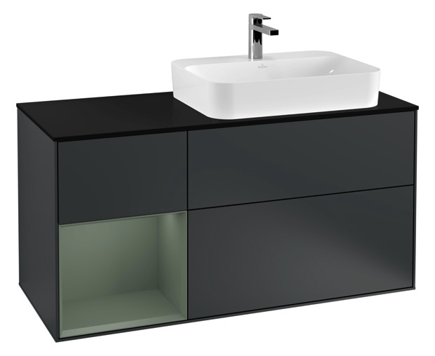 V&B Waschtisch-Unterschrank Finion 120cm, Abdeckplatte black matt, Regal links Olive Matt Lacquer, Midnight Blue Matt Lacquer V&B Waschtisch-Unterschrank Finion 120cm, Abdeckplatte black matt, Regal links Olive Matt Lacquer, Midnight Blue Matt Lacquer