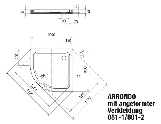 Kaldewei Duschwanne ARRONDO 881-2 100x100x6,5cm, mit Verkleidung/Träger, Perl-Effekt, schwarz