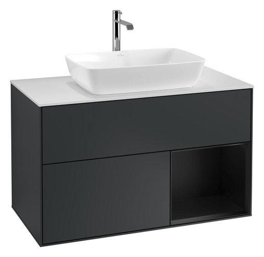 V&B Waschtisch-Unterschrank Wandbeleuchtung Finion 100cm, Abdeckplatte white matt, Regal Black matt lacquer, Midnight Blue Matt Lacquer