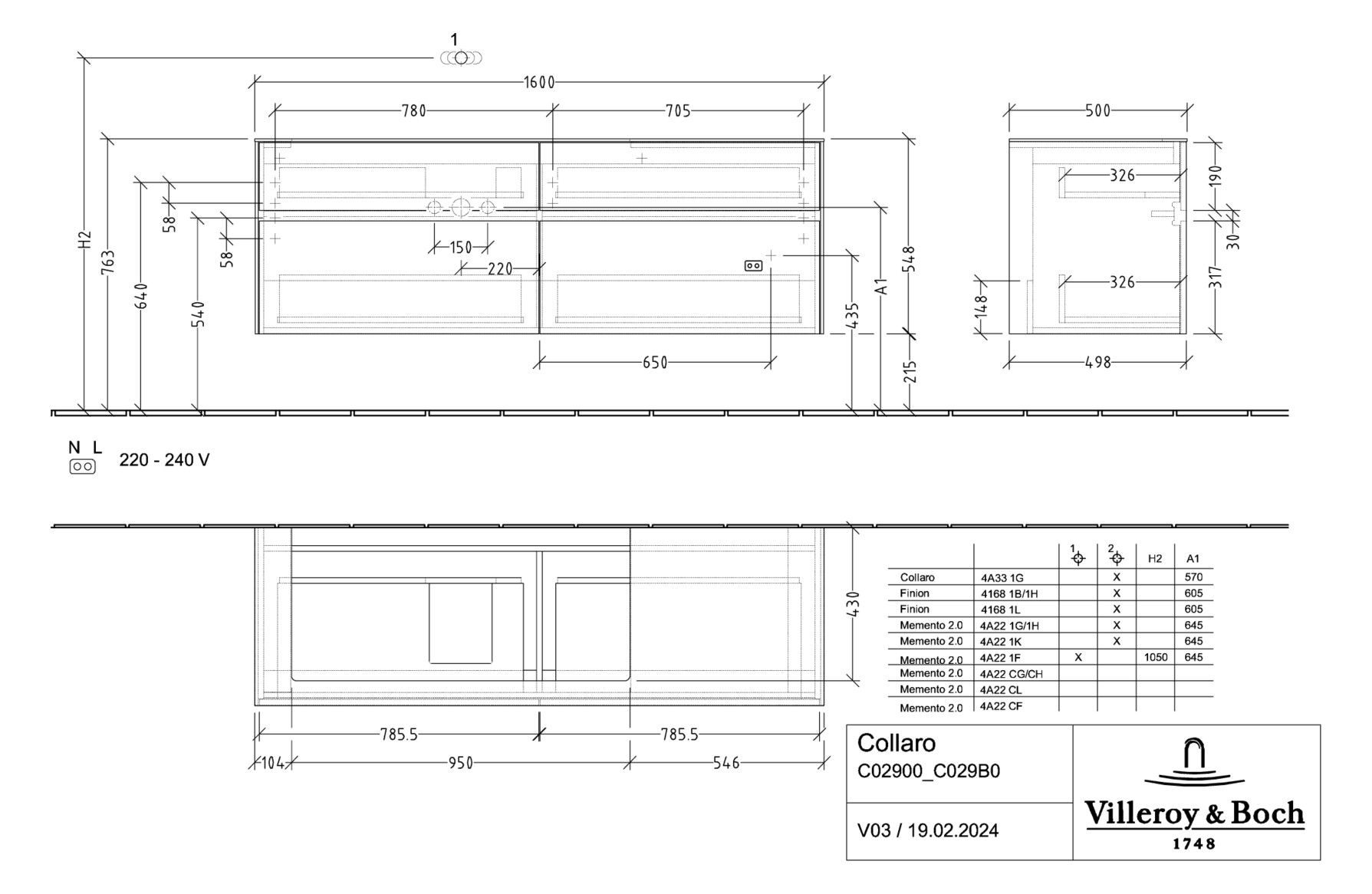 V&B Waschtischunterschrank Collaro 160x54,8x50cm, Waschtisch links, kansas oak