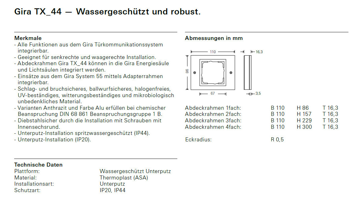 Rahmen 2f rws TX_44 Kst Unterputzmontage Thermopl Rahmen 2f rws TX_44 Kst Unterputzmontage Thermopl
