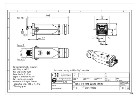 HART Han 3A RJ45 Hybrid 10G  09451151760 