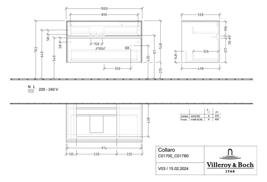 V&B Waschtischunterschrank Collaro 100x54,8x50cm, Waschtisch links, LED-Beleuchtung 7,3 W, white matt