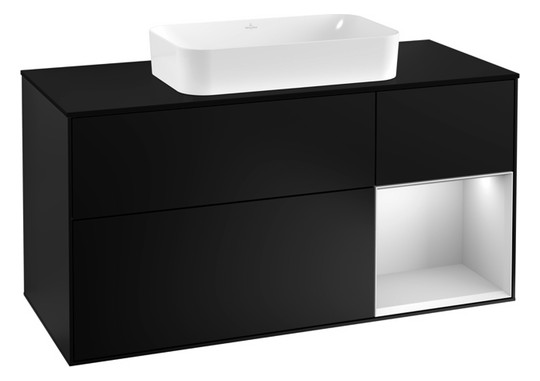 V&B Waschtisch-Unterschrank Finion 120cm, Abdeckplatte black matt, Regal rechts White matt lacquer, Black matt lacquer