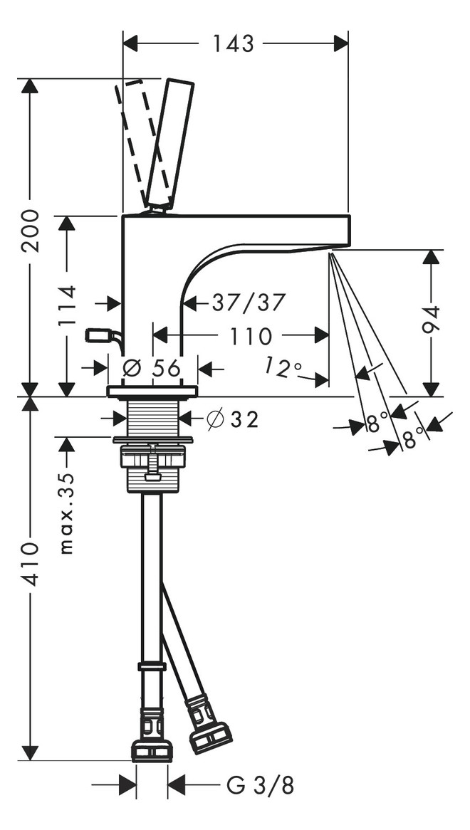 hansgrohe Waschtisch-Einhebelmischer Axor Citterio 90 Ausladung 110mm, mit Pin-Griff, Zugstangen-Ablaufgarnitur, für Handwaschbecken, brushed gold optic