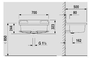 Sanit Beckenkombination maxi 70 x 50 cm, weiß, Ablage anthrazit, mit Überlauf