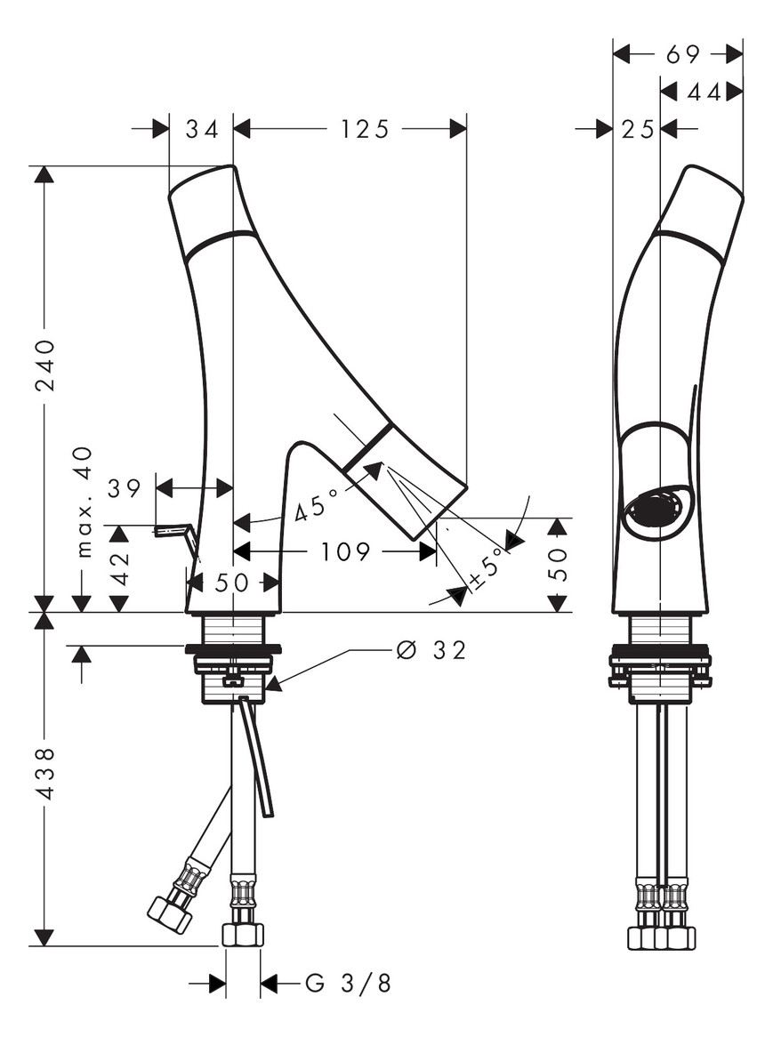 hansgrohe Waschtisch-Zweigriff-Armatur 50 Axor Starck Organic Ausladung 109mm, mit Zugstangen-Ablaufgarnitur, für Handwaschbecken, chrom