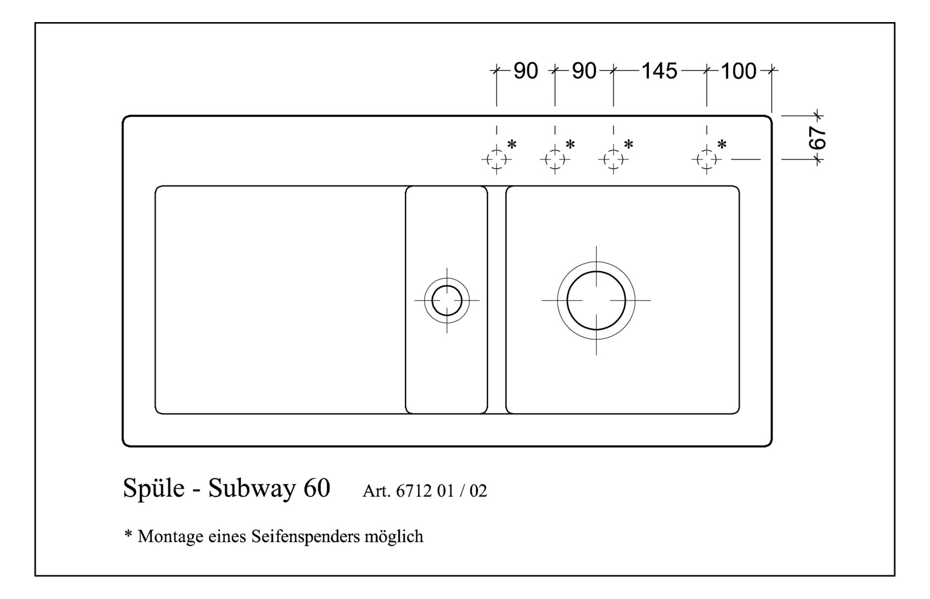 V&B Spüle Subway 60 rechts, mit Ablaufgarnitur, Handbetätigung, timber CeramicPlus