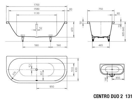 Kaldewei Badewanne CENTRO DUO 2 131 170x75cm, Grifflochbohrung, Perl-Effekt, Vollantislip, schwarz