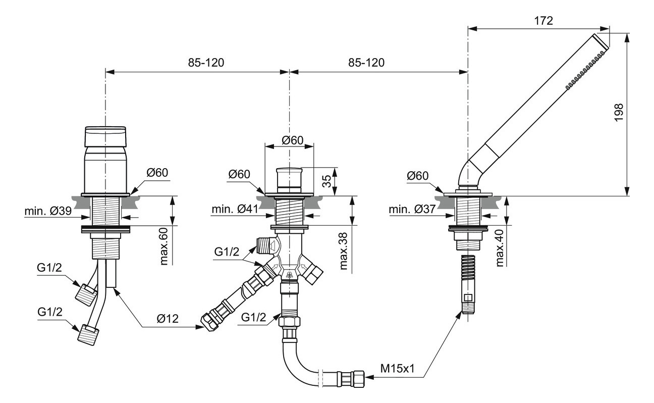 Ideal-Standard 3-Loch-Wannenarmatur Tonic II Wannenrandmontage, ohne Wanneneinlauf, verchromt