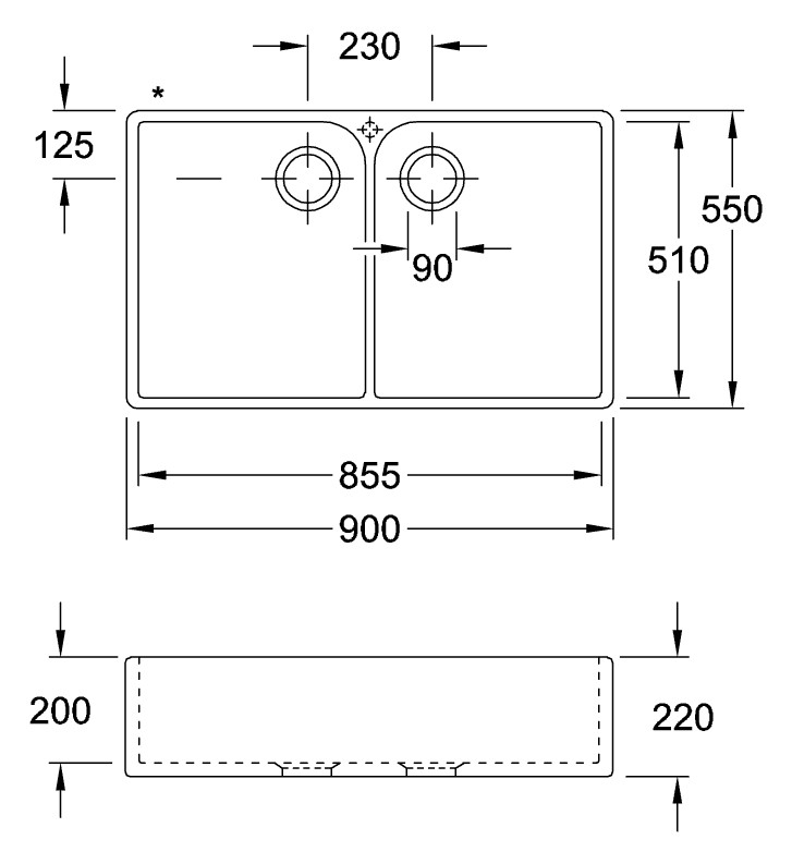 V&B Spülstein Doppelbecken 90 X Ablaufgarnitur mit Handbetätigung, mit Handbetätigung, weiß alpin CeramicPlus