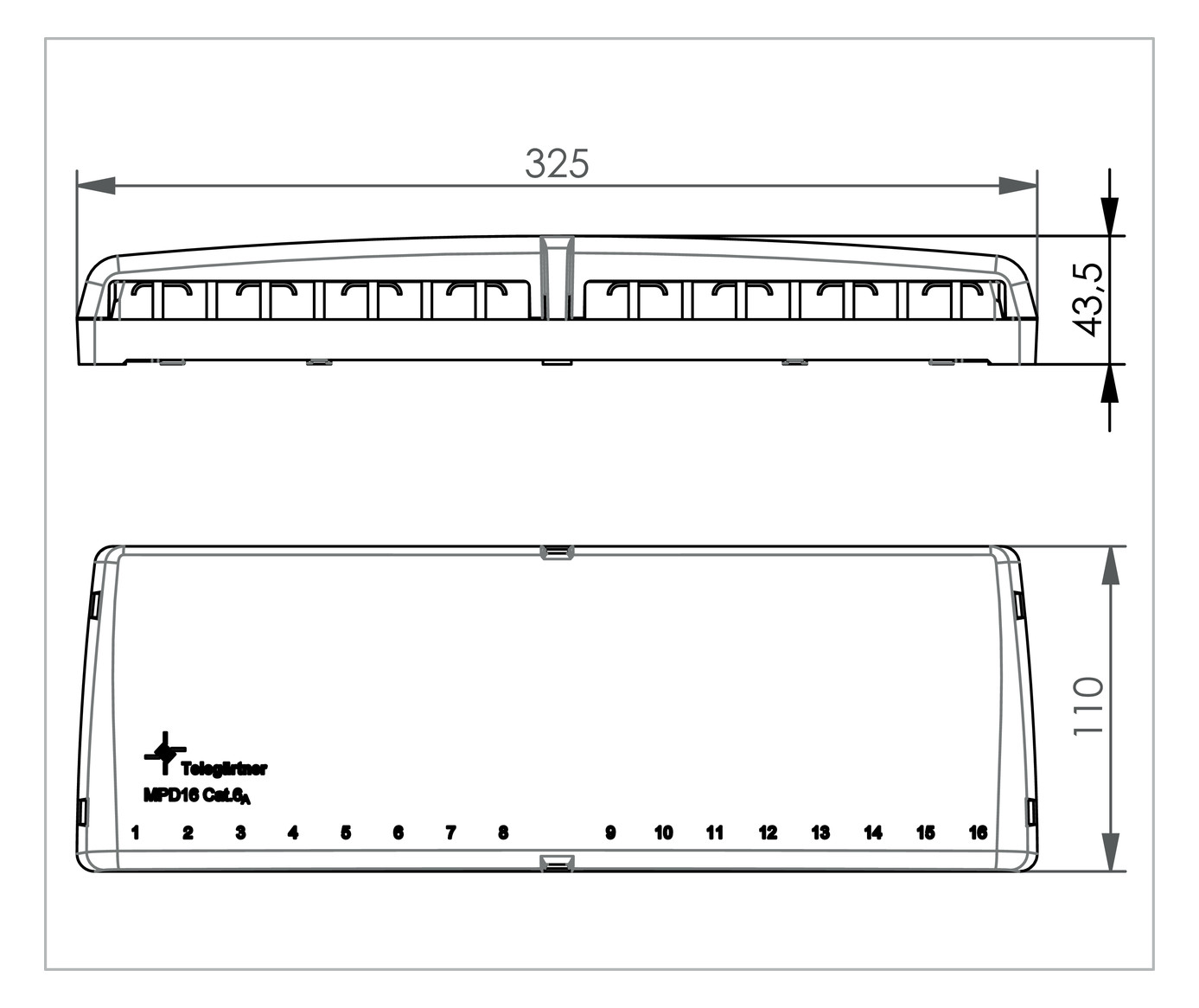 Patchpanel 16Ports Wandmont Schirm RAL9001 110x325x43,5mm
