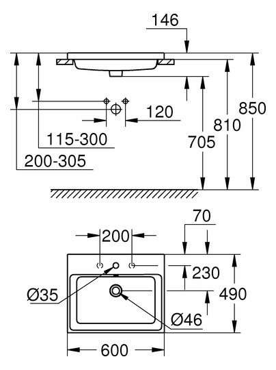 GROHE Einbauwaschtisch Cube Keramik 60x49cm, mit Überlauf, Rückseite glasiert, alpinweiß