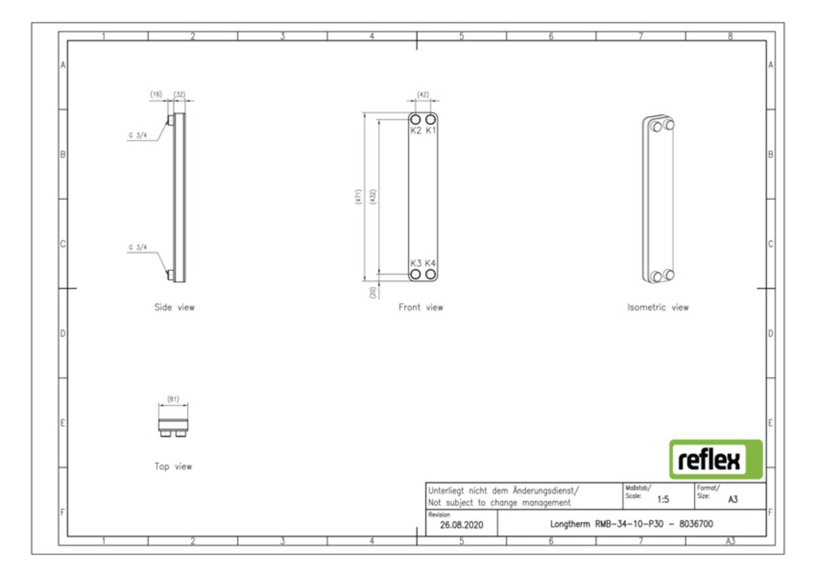 Reflex Wärmetauscher Longtherm RMB-34-10, Plattenzahl 10, gelötet, Edelstahl, eingängig