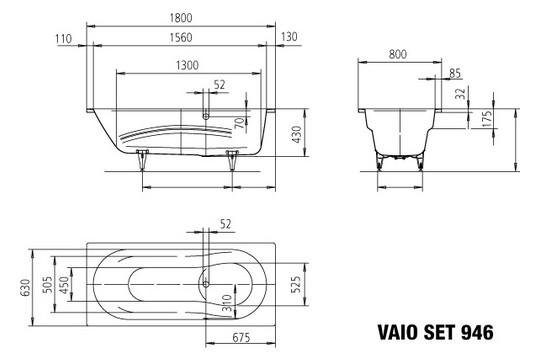 Kaldewei Badewanne VAIO SET 946 180x80cm, Griffloch, Perl-Effekt, SÜL, Ruschhemmend, schwarz