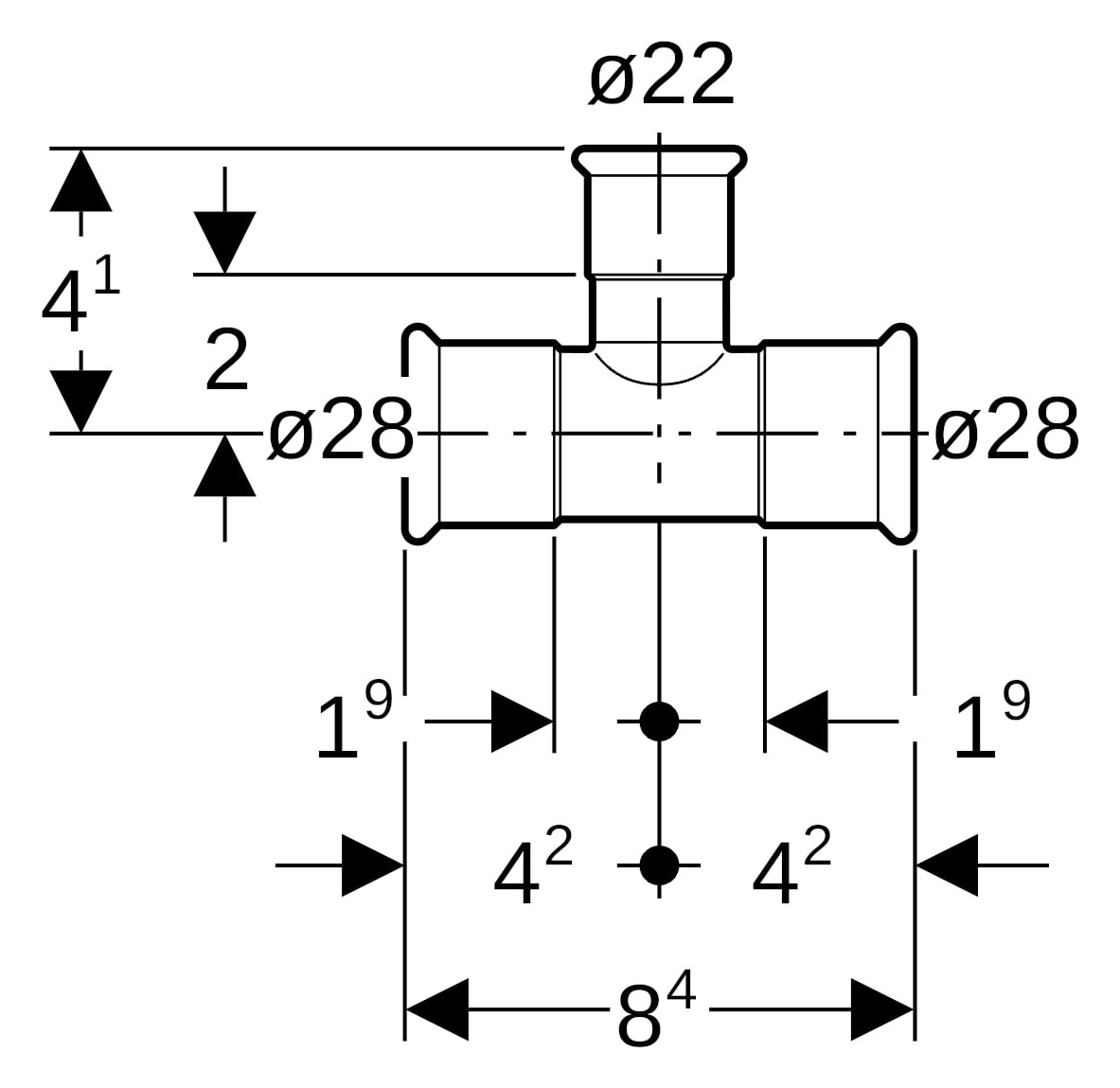Geberit Gas-T-Stück Mapress Ø 28 mm x 22 mm x 28 mm, reduziert, für Natur- und Flüssiggas, Kupfer