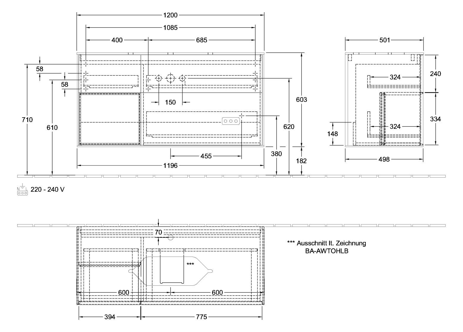 V&B Waschtisch-Unterschrank Wandbeleuchtung Finion 120cm, Abdeckplatte black matt, Regal links Glossy white lacquer, Black matt lacquer