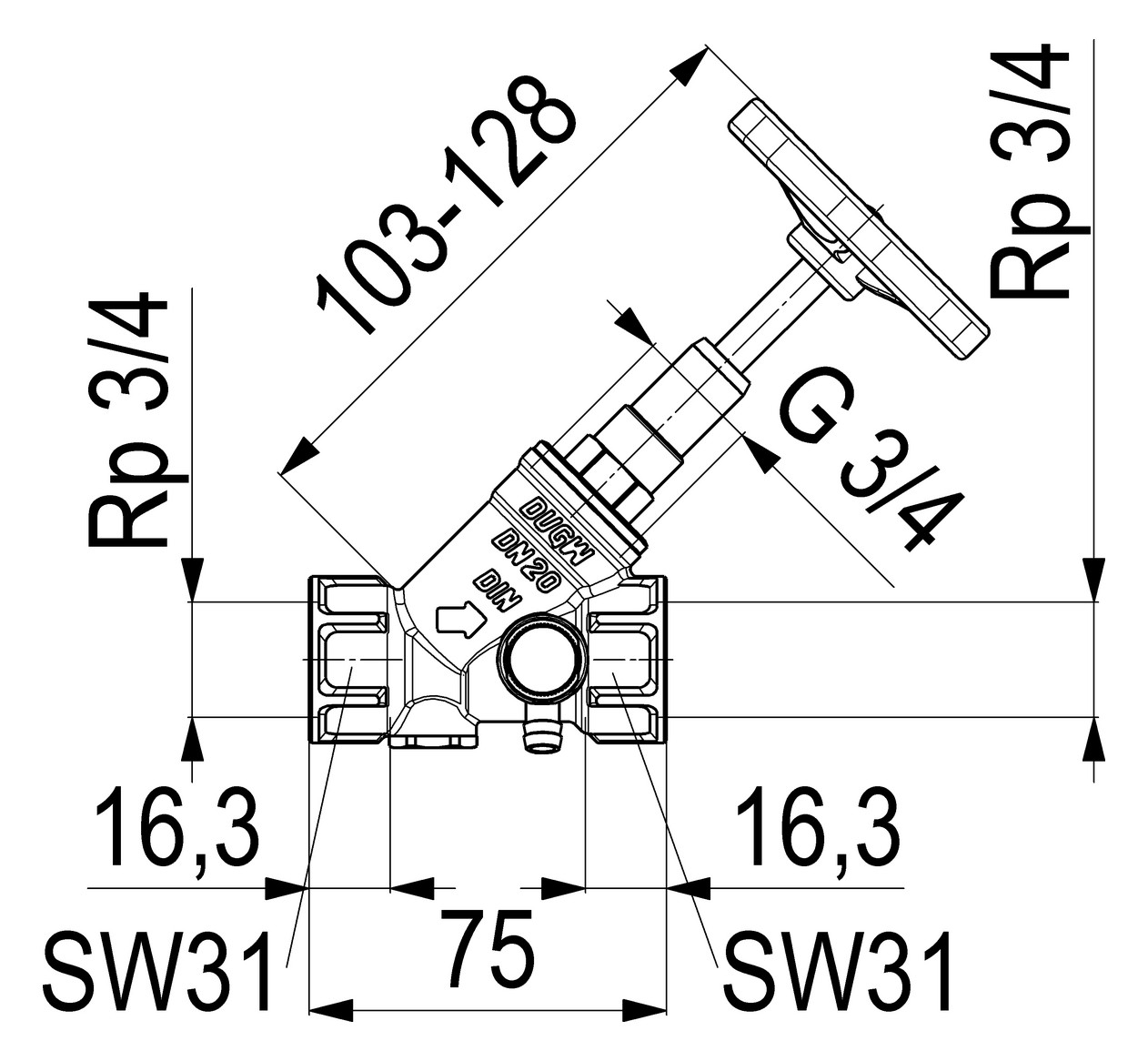 Schlösser KFR-Ventil 1620 DN 20, Rp 3/4, mit Entleerung, steigende Spindel