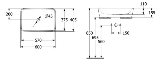 V&B Aufsatzwaschbecken Architectura 60x40cm, eckig, mit Überlauf, weiß