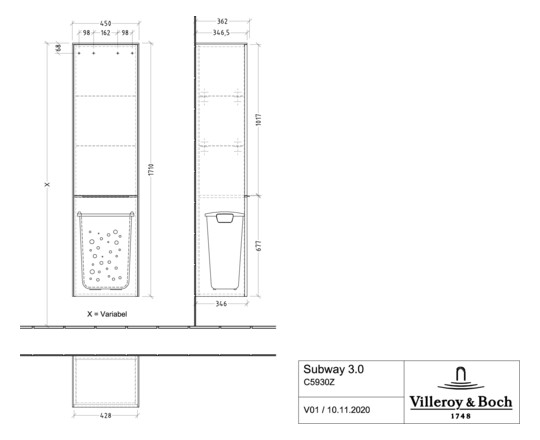 V&B Hochschrank Subway 3.0 40x171x36,2cm, Schanier rechts/Griff monochrom, taupe