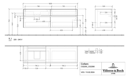 V&B Waschtischunterschrank Collaro 160x54,8x50cm, Waschtisch links, LED-Beleuchtung 12W, arizona oak