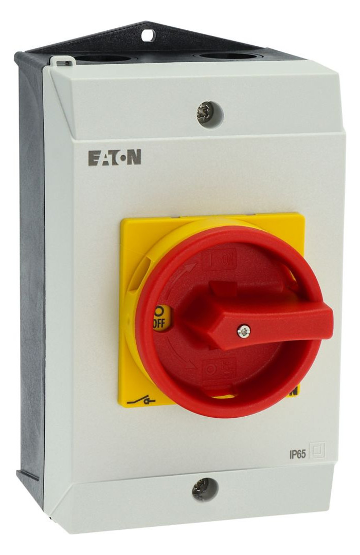 Mosel-Elektro1St. Eaton 207310 Sicherheitsschalter, P1, 25 A, 3-polig, 1  Schließer, 1 Öffner, NOT-AUS-Funktion, mit rotem Drehgriff und gelbem  Sperrkranz, abschließbar in 0-Stellung P1-25/I2-SI/HI11