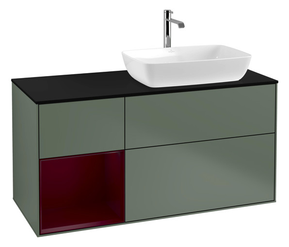 V&B Waschtisch-Unterschrank Finion 120cm, Abdeckplatte black matt, Regal Peony matt lacquer, Olive Matt Lacquer