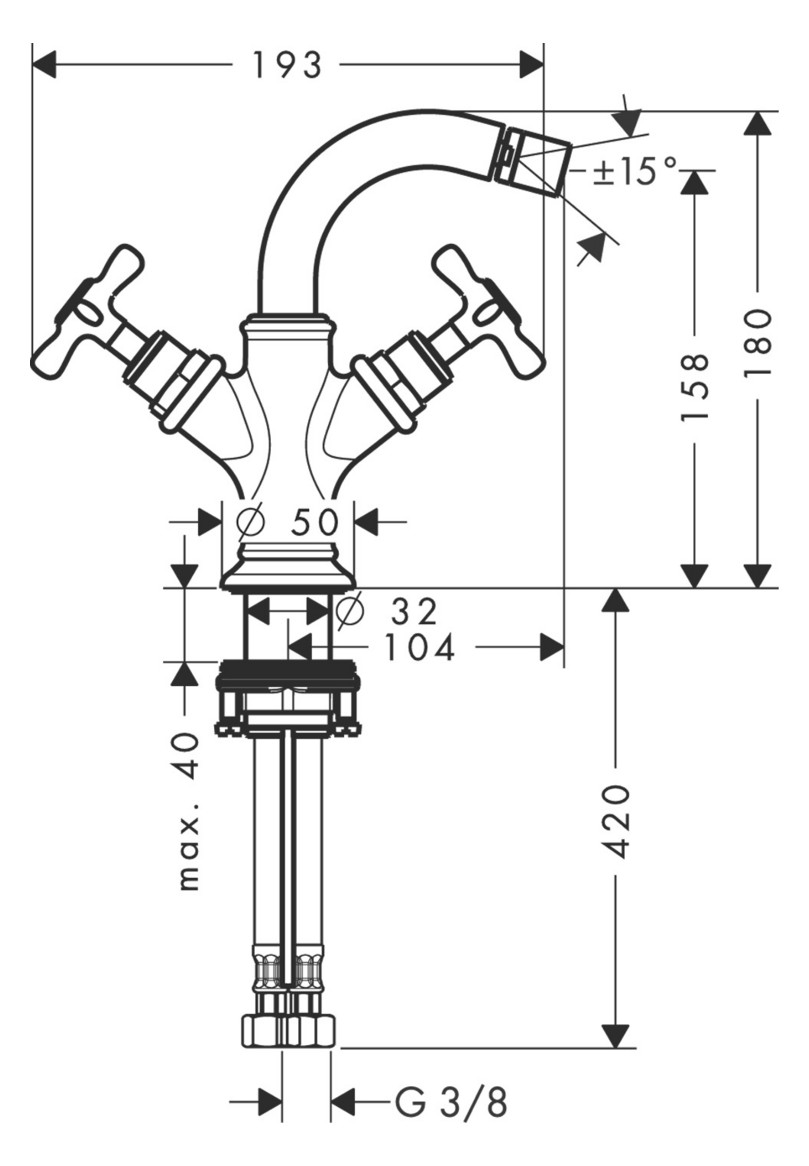 hansgrohe 2-Griff-Bidet-Armatur Axor Montreux Ausladung 104mm, mit Kreuzgriffe, Zugstangen-Ablaufgarnitur, brushed bronze
