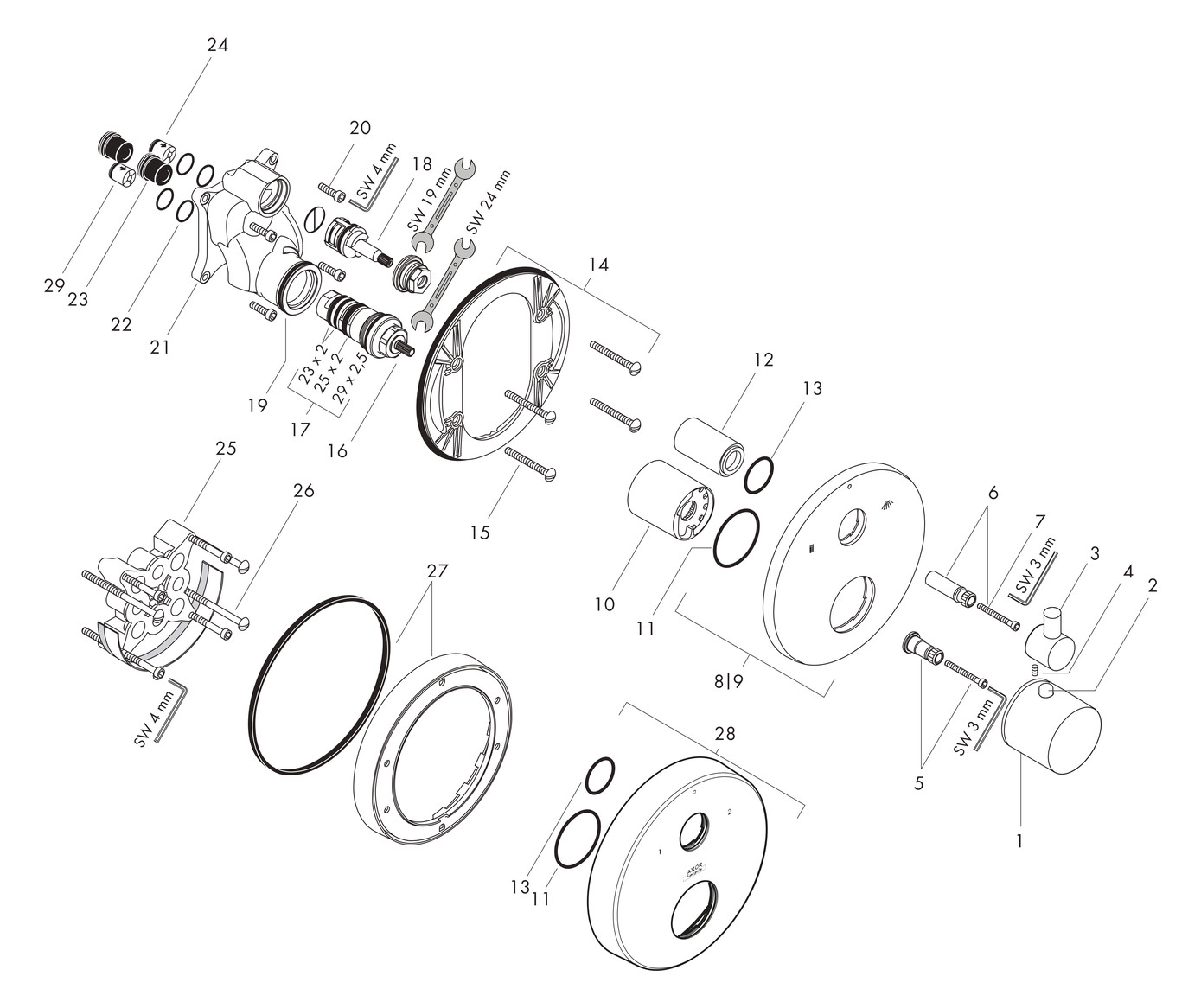 hansgrohe Fertigmontageset Axor Uno UP-Thermostat, mit Ab- und Umstellventil, chrom