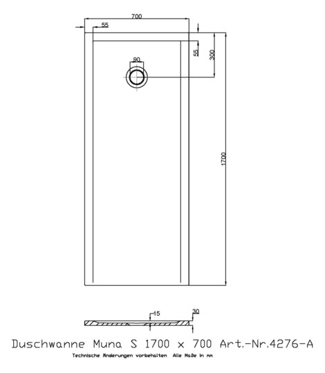 Hoesch Mineralguss-Duschwanne Muna S 170 x 70 x 3 cm, Steingrau, ohne Antirutsch