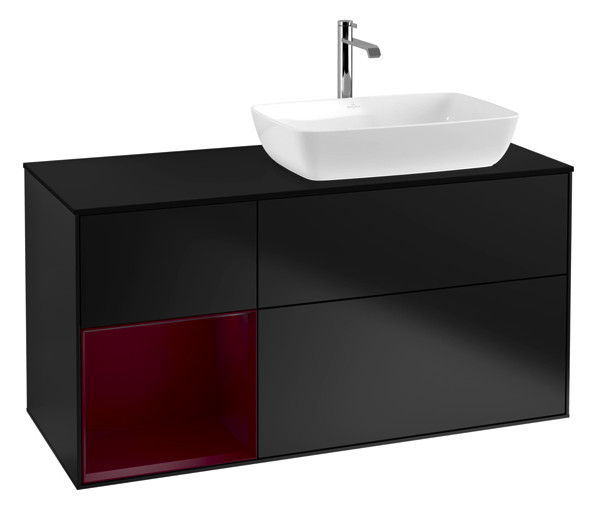 V&B Waschtisch-Unterschrank Finion 120cm, Abdeckplatte black matt, Regal Peony matt lacquer, Black matt lacquer